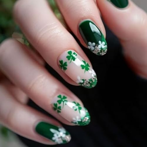 Lot de 24 faux ongles festifs avec paillettes vertes et trèfles porte-bonheur pour fête de patricks offrant bonheur et brillance d'ongles de plusieurs tailles