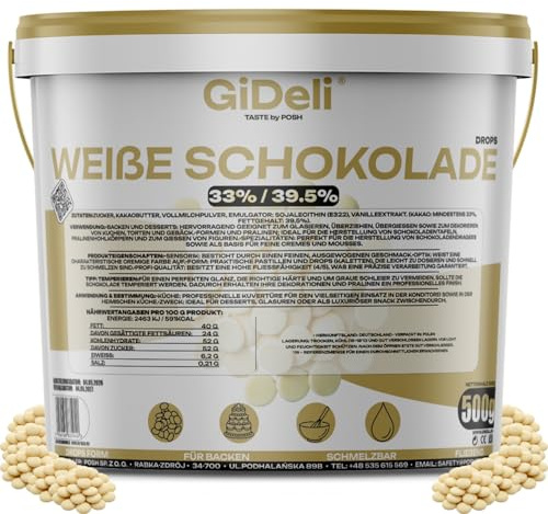 GiDeli Weiße Schokolade Drops 500g im Eimer - Kuvertüre mit Kakaobutter & 33% Kakao - Backschokolade zum Schmelzen - Einfache Dosierung - Ideal für Pralinen, Ganache & Schokoladenfondue