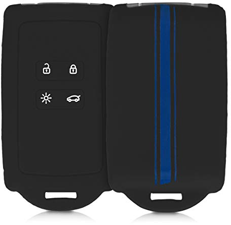 kwmobile Autoschlüssel Hülle kompatibel mit Renault 4-Tasten Smartkey Autoschlüssel (nur Keyless Go) - Silikon Schutzhülle Schlüsselhülle Cover Rallystreifen Sidelines Blau Schwarz