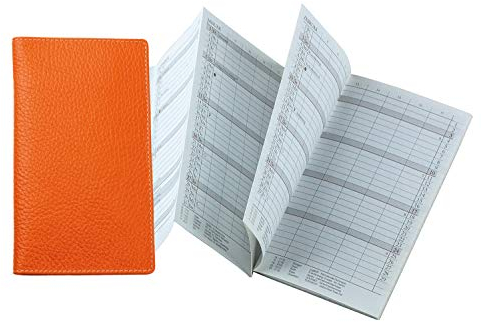 DELMON VARONE - Personalisierbarer Faltkalender 2026 DIN A6 Soft Grain Leder orange - Organizer Terminplaner (1 Monat 2 Seiten) Lederhülle - Termin-Kalender Monatsübersicht & Adressenheft klein