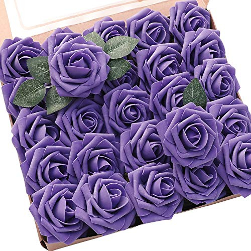 Floroom Künstliche Blumen, 25 Stück, echt aussehende violette Schaumrosen mit Stielen für DIY Hochzeitssträuße, Brautdusche, Tafelaufsatz, Blumenarrangements, Partytische, Heimdekorationen