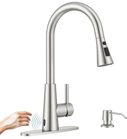 APPASO Touchless Kitchen Faucet with Soap Dispenser Brushed Nickel, Side Motion Sensor Lead-Free Faucet, Single Hanle 3-Mode Hands-Free Faucet for Kitchen Sink (cUPC-Certified Parts)