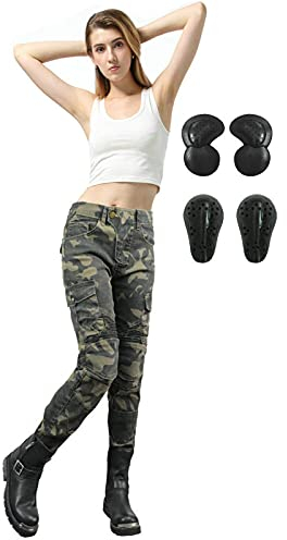 SHAIYOU Damen Motorradhose Jeans,Motorcycle Biker Pants Camouflage Motorrad Hose Motorradrüstung Schutzauskleidung Mit Abnehmbarer Protektoren (Grün,L)