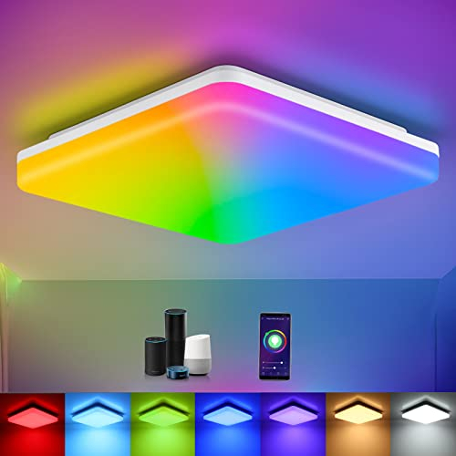 LED Deckenleuchte Alexa, Smart Deckenlampe Dimmbar RGB, 24W 2400LM WIFI Lampe, IP54 Wohnzimmerlampe Schlafzimmerlampe Kinderzimmerlampe, kompatibel mit Alexa App Google Home, 2700K-6500K, 28 * 28cm