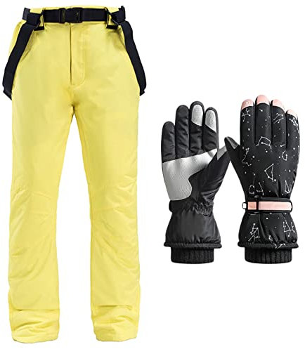 TDHLW Herren Damen wasserdichte Hose Warme Fleece GefüTterte Ski Schnee Wanderhose Softshell Hose wasserdichte Winddichte Skihose Warm mit Erweiterbarer Taille Schneehose,Gelb,XL