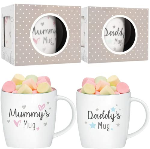 EVERBUY Set of 2 - Mummy Daddy Mugs Baby Shower Gifts - New Mum Gifts Mum to Be New Parents Mugs - Dad Mug Daddy - 350ml