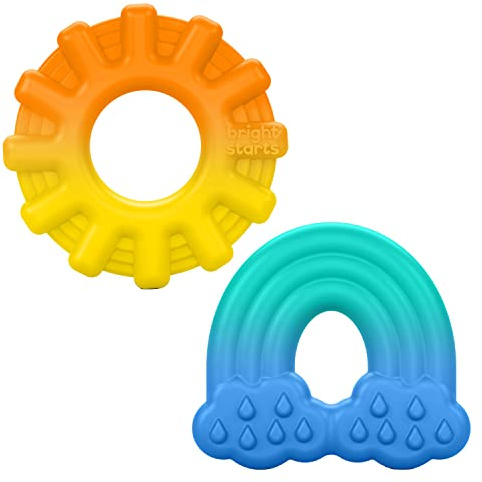Bright Starts, Set de 2 jouets de dentition en silicone Chance of Smiles, attrape facile, Soleil et arc en ciel, unisexe, enfants de 3 mois et plus