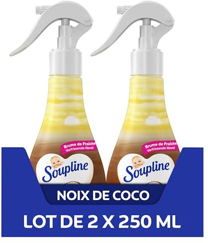 SOUPLINE - Brume de Linge 3D Parfum Coco - Spray Pour Rafraîchir le Linge - Parfume Instantanément - Complément idéal à votre adoucissant - Lot de 2 X 250 ml