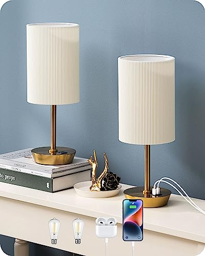 EDISHINE Gold Touch Bedside Lamps Set of 2, 3-Way Dimmable with Dual USB