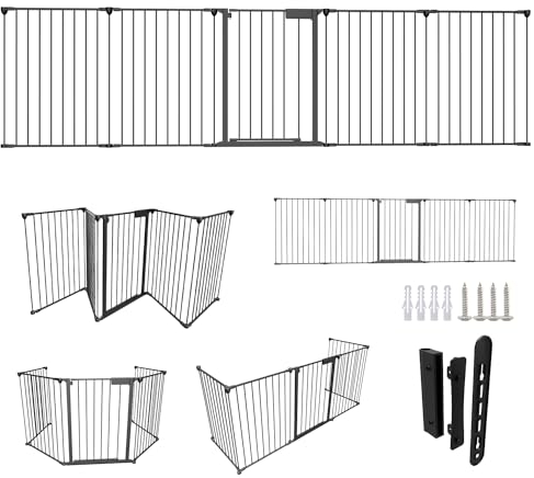 Gimisgu Kaminschutzgitter mit Tür, 310 cm Metall Ofenschutzgitter, Treppenschutznetz, Tierschutzgitter, Türschutzgitter für Kinder Sicherung, 5 teilig schwarz, je 65 x 75 cm