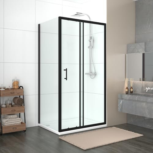 NRG 1100 x 700mm Sliding Shower Enclosure Matte Black Framed Bathroom Cubicle Screen Door with Side Panel