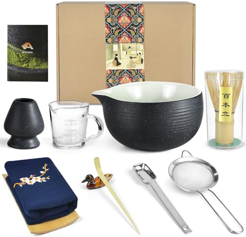 Artcome Bluestone Glaze Matcha Kit - Bowl with Pouring Spout, Whisk, Tea Scoop, Powder Strainer, Set for Usucha, Koicha and Latte (10 PCS)