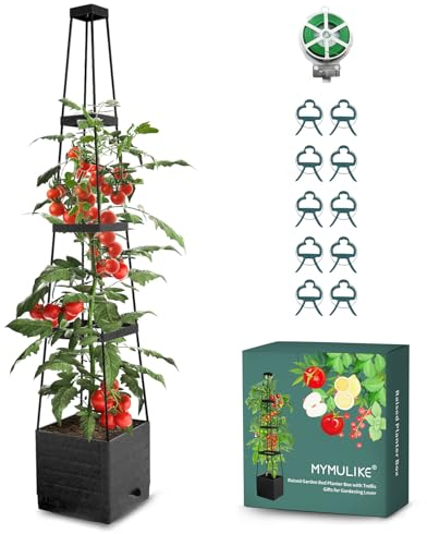 MYMULIKE Obélisque avec jardinière - Lot de 1 tuteur pour Plantes d'intérieur - avec jardinière - Beau Support de Plantes en métal - Cadeau - Jardinière surélevée en Plastique - Noir