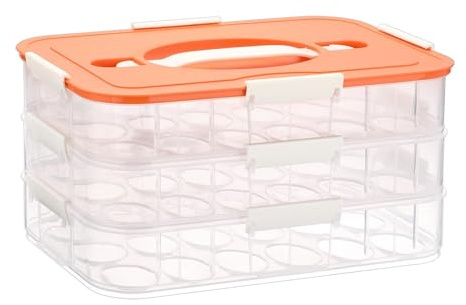 BTSKY Deviled Egg Platter with Lid, 3-Layer 54 Slots Deviled Eggs Carrier, Clear Portable Egg Holder for Fridge Reusable Deviled Eggs Tray Carton Box for Easter and Party Favor (3-Layer, Orange)