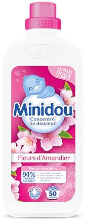 Adoucissant Linge MINIDOU Fleurs d'Amandier Bouteille 1L - 50 Lavages | Élimine les Odeurs Désagréables et Laisse un Parfum Frais Durable | Compatible avec Tous les Types de Vêtements