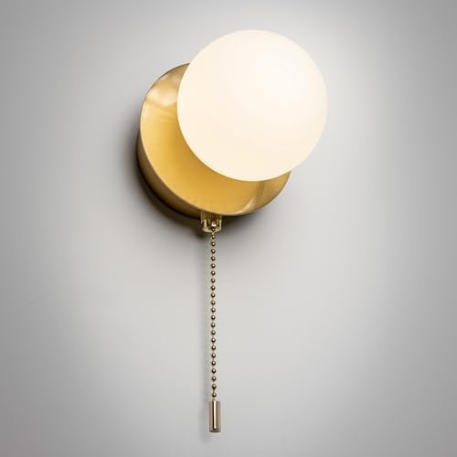 CGC Lighting USB Rechargeable Battery Magnetic Wireless Wall Light Opal Glass Diffuser Decorative Pull Cord (Satin Gold Macie)