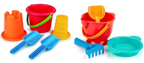 Hape 5-in-1 Strandset Sandspielzeug mit 2 Schaufeln, Eimer, Sieb und Förmchen, ab 18Monaten & E4056 Grundausstattung Sandspielzeug