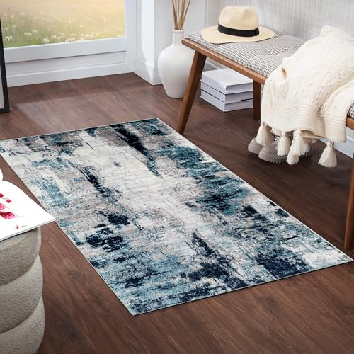 Livabliss Helsinki Wohnzimmer Modern – Abstrakt Design in Marmor Optik für Wohnzimmer 80x150 cm, Esszimmer, Schlafzimmer - Marmor e groß, weicher Kurzflor in Blau, Grau und Weiß