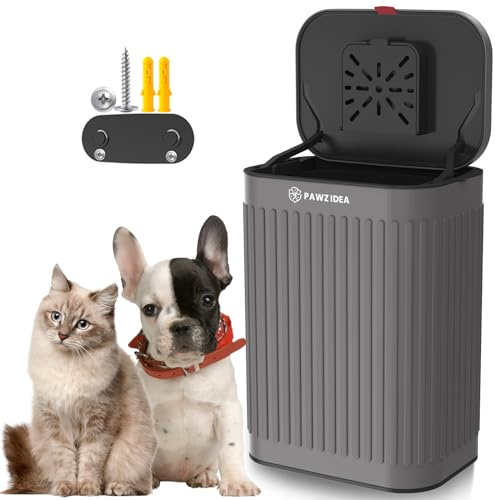 PAWZIDEA Wall Mount Dog Poop Trash Can Outside, 8L /1.8 UK Gallons, Gray | Small Dog Waste Bin with Lid, Activated Carbon Odor Control, Waterproof Metal Pet Waste Container, Fence Hang Poop Can
