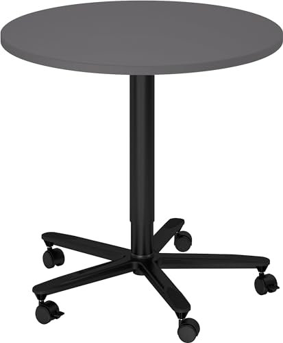 bümö Säulenhubtisch höhenverstellbar, Stehtisch Büro, Bistrotisch rund 80 x 80 cm - Besprechungstisch Graphit, Stehtisch Holz-Platte, Säule aus Metall in schwarz, Säulentisch, Hochtisch