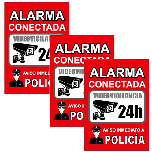 Movilideas 3 Pegatinas - Cartel zona videovigilada adhesivo - Pegatinas Aviso a la Policía - Pegatina Alarma - Placa videovigilancia Rojo Interior/Exterior (14,8 x 10,5 cm) (3 Piezas)