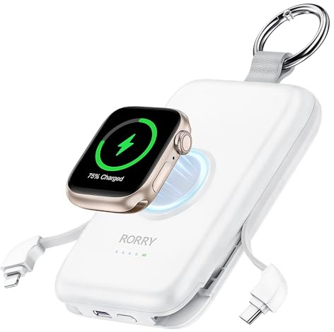 RORRY Power Bank, 10000mAh Powerbank Schnellladefunktion PD 20W mit Integriertem Kabel, Reise Portable Charger Externe Handyakkus für iPhone 17/16/15/14 and Apple Watch Ultra 11/10/9/8/7/SE, Weiß