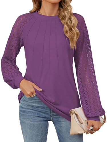 Decorie Camicia Donna Elegante Maglia Manica Lunga in Pizzo Top Blusa Casual T Shirt Donna Maglietta(Viola,XL)