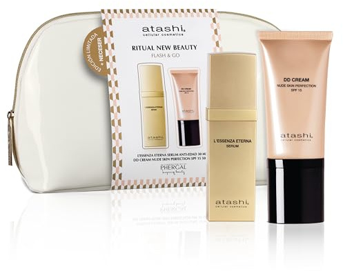 Atashi | Rituale New Beauty | Siero Anti-Età L’Essenza Eterna + Crema DD Tonalità Media + Beauty Case in Vernice Bianca in Omaggio | Ringiovanisce, Protegge e Perfeziona la tua Pelle | 30 ml + 50 ml