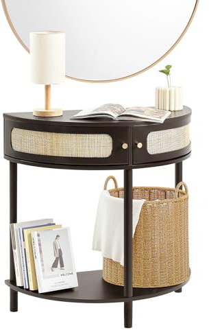 VEVOR Half-moon Rattan Console Table with 2 Drawers, Rattan Entryway Table with Natural Rattan Sliding Door, Console Table with Storage for Living Room, Study, Entryway Or TV Wall, Black