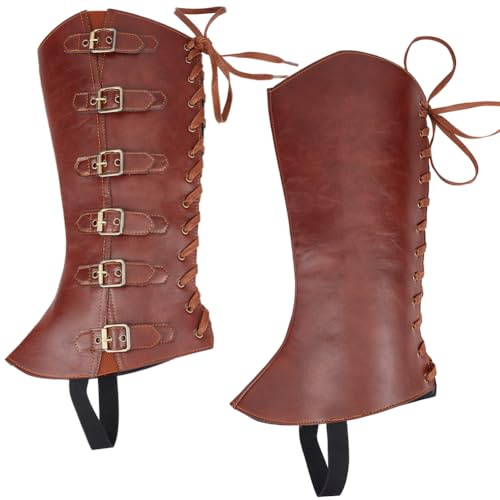 GORGECRAFT 2Stk Ritter Beinschützer Gamaschen Steampunk Mittelalter Stiefelüberzüge Kunstleder Piratenstiefeloberteile Mit Schnallenriemen Beinschuhzubehör Für Halloween Cosplay kostüm Sattelbraun