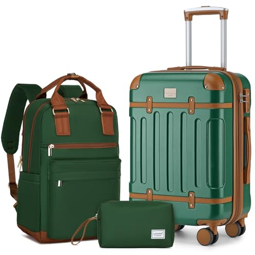 LARVENDER Luggage Sets 3 Piece Expandable Carry on Luggage 22x14x9 Airline Approved Hardshell Suitcase with Wheels TSA Lock, Lightweight Suitcase Set for Women with Travel Backpack, Green