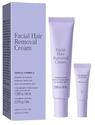 Facial Hair Removal Cream + Calming Serum Gentle Formula Safe for Sensitive Skin Quickly and Gently Removes Hair from Upper Lip Chin and Sideburns