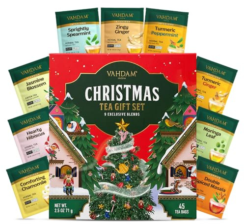 VAHDAM, Té De Navidad Surtido Regalo 2025 | Caja De Regalo De Bolsitas De Té De Edición Limitada | 9 Sabores, 45 Bolsitas | Regalos De Té De Navidad-Vahdam, Set 9x5