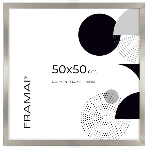 FRAMAI® Bilderrahmen 50x50 cm Silber MDF Umweltfreundlichem Rahmen mit Bruchsicheren Plexi, Aufhänger und Aufsteller