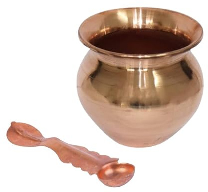 BRACOP® Kupfer-Lota mit Löffel indische Pooja-Tasse Wassertopf aus reinem Kupfer dekorative Pooja-Artikel Servierutensilien handgefertigtes Kupfergefäß für Pooja Dekoration für Zuhause und Tempel