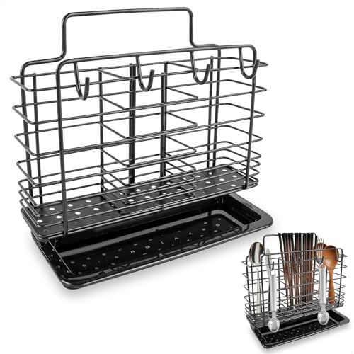 Küchenutensilienhalter,Besteckhalter aus Metall Besteckabtropfkorb aus Edelstahl, 3 Partitionen zur Aufbewahrung Bohrungslose Installation, Wandmontage, abnehmbar, mit Abtropfschale (schwarz)
