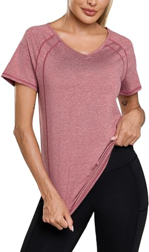 Wayleb T-Shirt Sportiva da Donna Scollo a V Maniche Raglan Corte Maglietta Sportiva Traspirante Top Fitness Yoga Allenamento Running Maglie Sport, Vino Rosso L