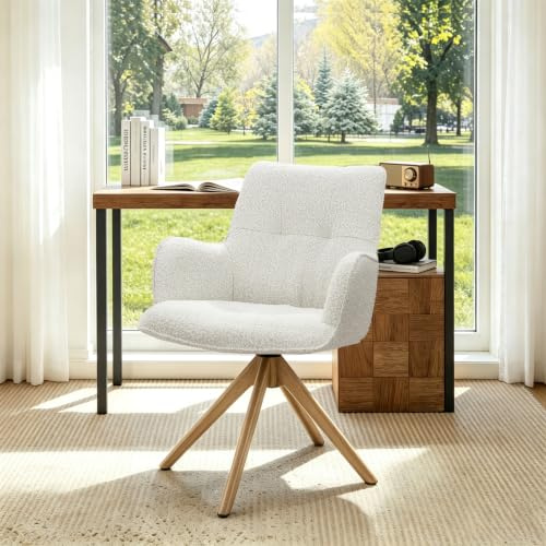 Zouron Esszimmerstuhl Polsterstuhl Beige - Armlehnstuhl Küchenstühle Schminkstuhl Drehbar mit Armlehnen Rückenlehne Boucle Eichenholzbeine 120Kg Belastbar