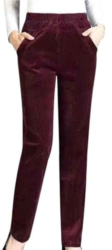 Women's Corduroy Trousers Elastic High Waisted Straight Legs Cord Pants Winter Stretch Fleece Lined Thick Warm Corduroy Casual Full Length Trousers with Pockets (Wine,M)