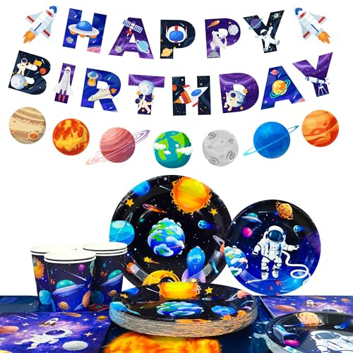 Serves 24 Space Theme Tableware, 105Pcs Outer Space Birthday Party Supplies - Plates Tablecloth Banner Garland etc Outer Space Tableware for Space Birthday Decorations & Space Party Decorations