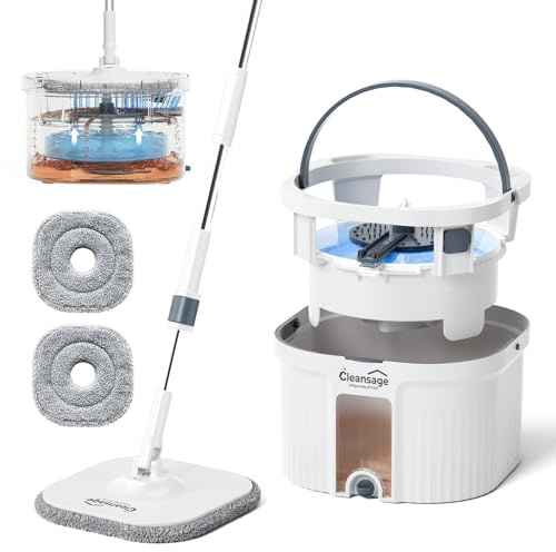 Cleansage AquaPro - Set di mocio e secchio per pavimenti – Mocio girevole a 360° in microfibra con manico lungo, secchio rotante a doppia camera per la separazione dell'acqua pulita e sporca, 3 panni