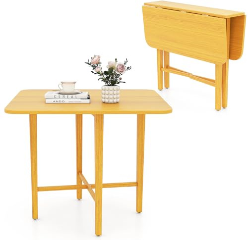 COSTWAY Folding Dining Table for 4, Extendable Drop Leaf Kitchen Table with Rubber Wood Legs & X-shaped Frame, Space Saving Console Dinner Table Furniture for Home Dining Room Office (Natural)