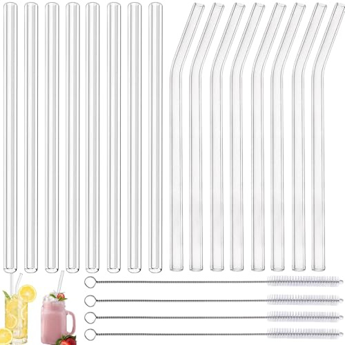 20 Piezas Pajitas Reutilizables Transparente Paja 8 Pajitas Rectas | 8 Pajitas Curvas + 4 Cepillos de Limpieza para Batidos Cócteles Batidos Jugos Leche Té Caliente y Otras Bebidas