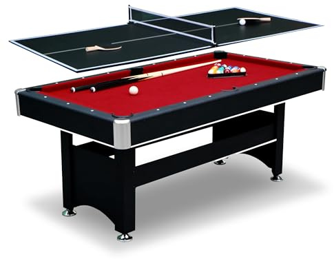Hathaway Spartan 2-in-1 6ft Pool Table with Ping Pong Top for Game Room – With Red Felt, Engineered Wood Frame, Drop Pockets, Cues, Balls, Triangle, Chalk, Net, Paddles, Balls – Black Finish