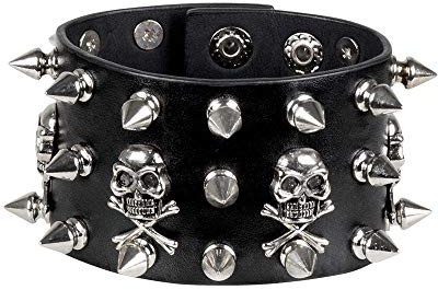 Boland 64518 – Bracciale Biker, 1 pezzo, taglia unica, nero, look in pelle, borchie, teschi, rocker, punk, bigiotteria, bracciale, accessorio per costumi, carnevale, feste a tema
