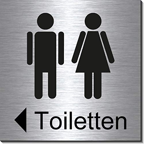 Toiletten Pfeil mit links-WC-Bad-Klo-Symbol-Schild 100 x 100 x 3 mm-Aluminium Edelstahloptik silber mattgebürstet Hinweisschild-Warnschild-1910-14