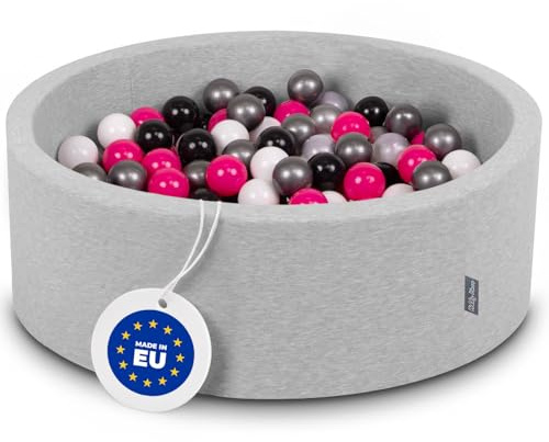 KiddyMoon 90X30cm/200 Balls ∅ 7Cm / 2.75In Baby Foam Ball Pit Made In EU, Light Grey:White/Black/Silver/Dark Pink