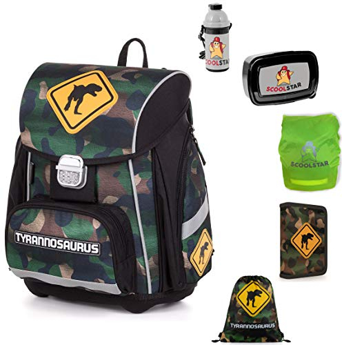DINOSAURIER SCHULRANZEN SET JUNGE 1 KLASSE | SET 6 TEILIG FÜR GRUNDSCHULE | SUPER LEICHT | TYRANNOSAURUS | inkl. Federmäppchen Sportbeutel Regenschutz Brotdose Flasche