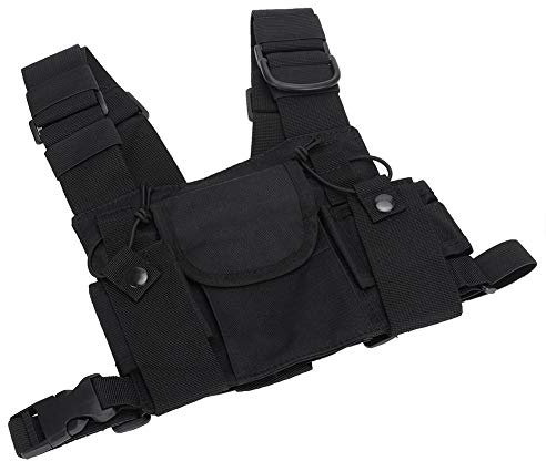 Bröstpåse, svart nylon walkie-talkie bröstsele frontpack påse, dubbel sidopaket passar för brandbekämpning militär