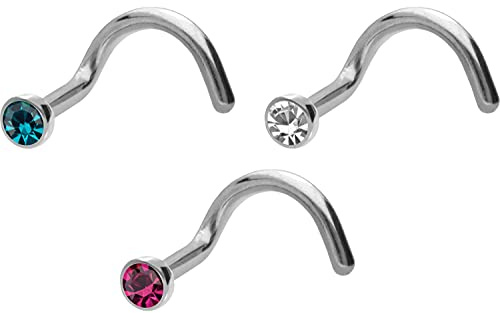 PIERCINGLINE 3er SET Titan Nasenpiercing Spirale flache Kristalldisc Nostril Piercing Nase Stecker